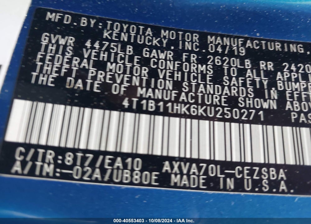 2019 TOYOTA CAMRY SE VIN: 4T1B11HK6KU250271