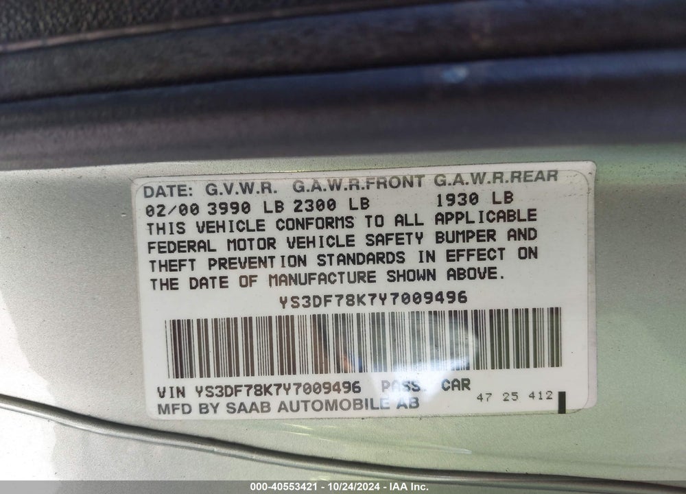 2000 SAAB 9-3 SE SPRING EDITION VIN: YS3DF78K7Y7009496
