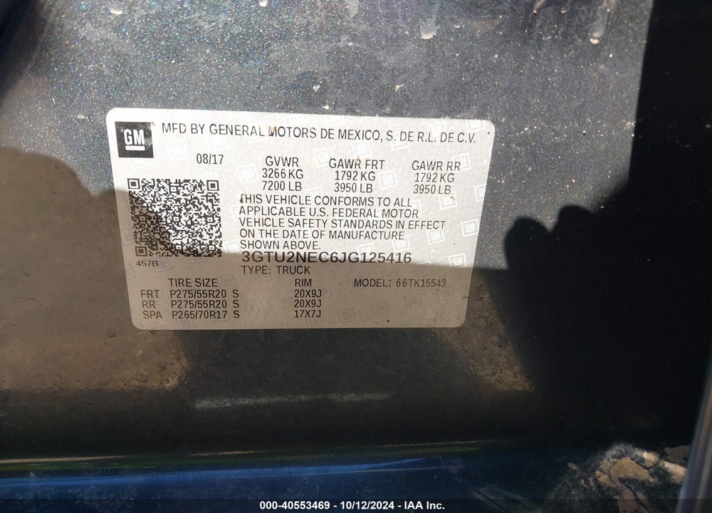 2018 GMC SIERRA 1500 SLT VIN: 3GTU2NEC6JG125416