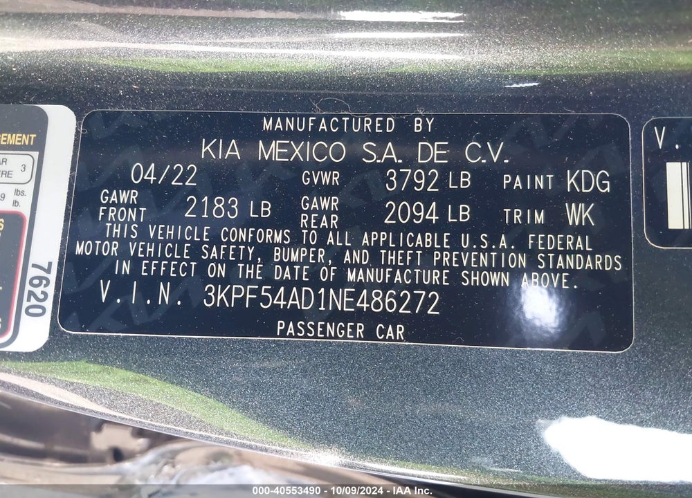 2022 KIA FORTE GT LINE VIN: 3KPF54AD1NE486272