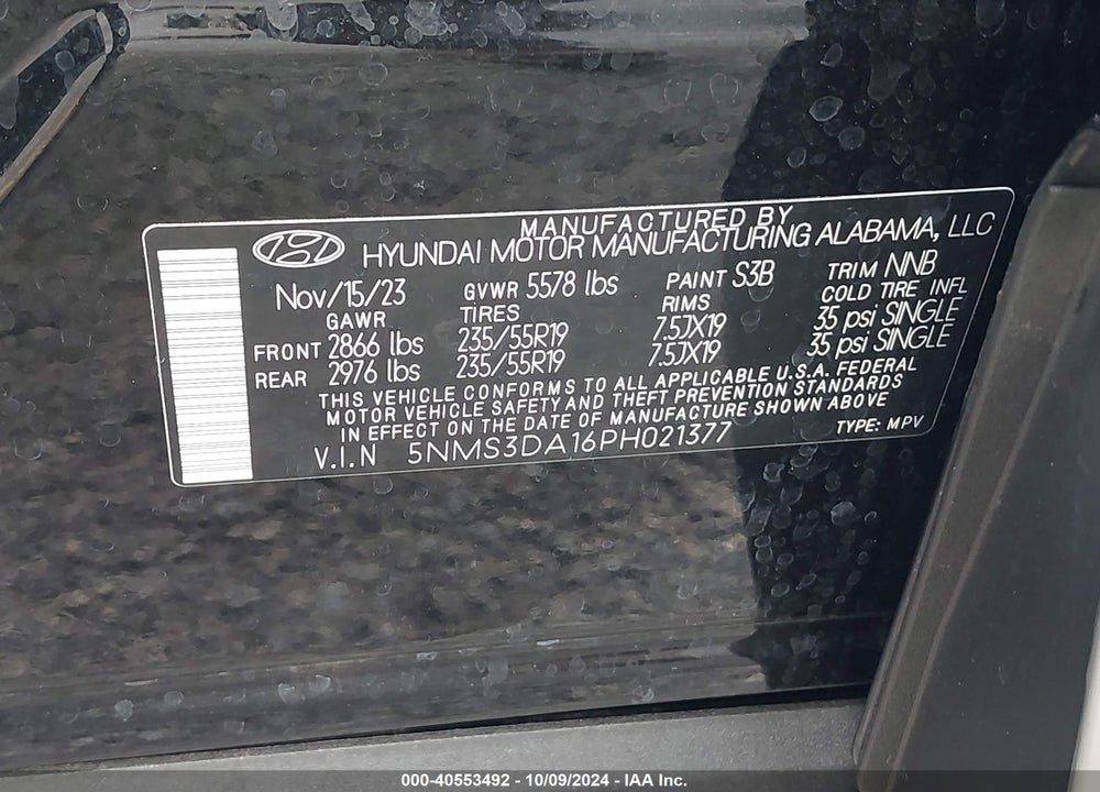 2023 HYUNDAI SANTA FE HYBRID SEL PREMIUM VIN: 5NMS3DA16PH021377