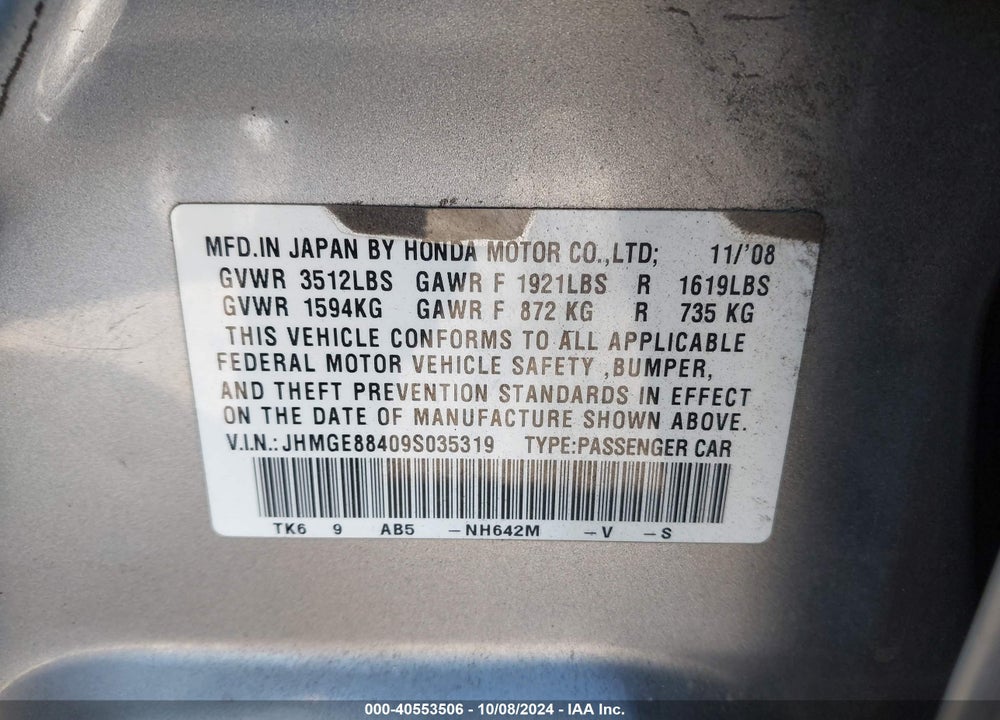 2009 HONDA FIT SPORT VIN: JHMGE88409S035319