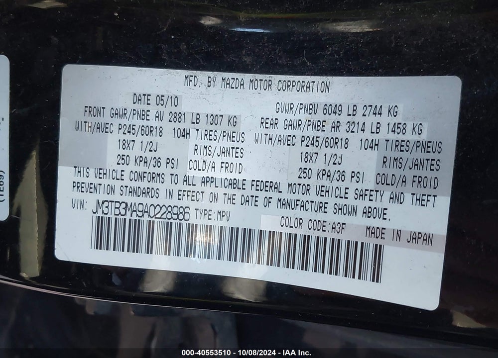 2010 MAZDA CX-9 TOURING VIN: JM3TB3MA9A0228986