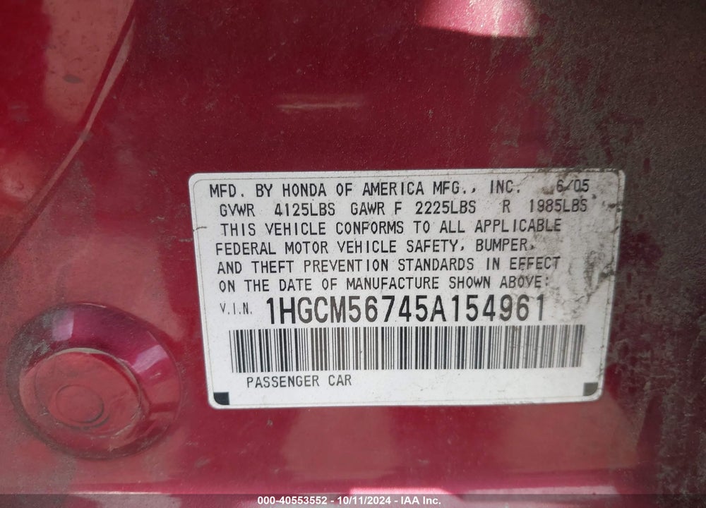 2005 HONDA ACCORD 2.4 EX VIN: 1HGCM56745A154961