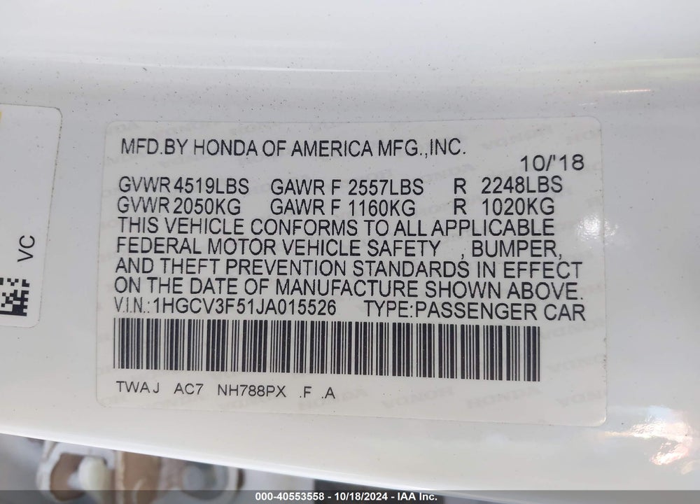 2018 HONDA ACCORD HYBRID EX-L VIN: 1HGCV3F51JA015526