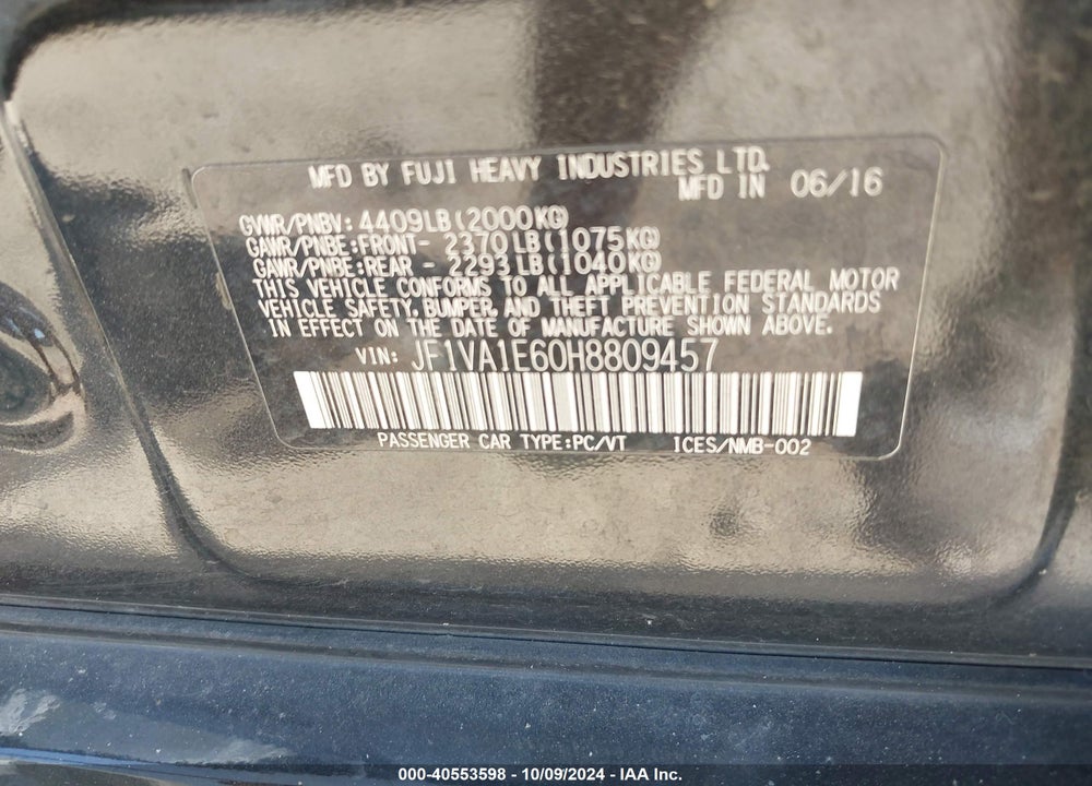 2017 SUBARU WRX PREMIUM VIN: JF1VA1E60H8809457