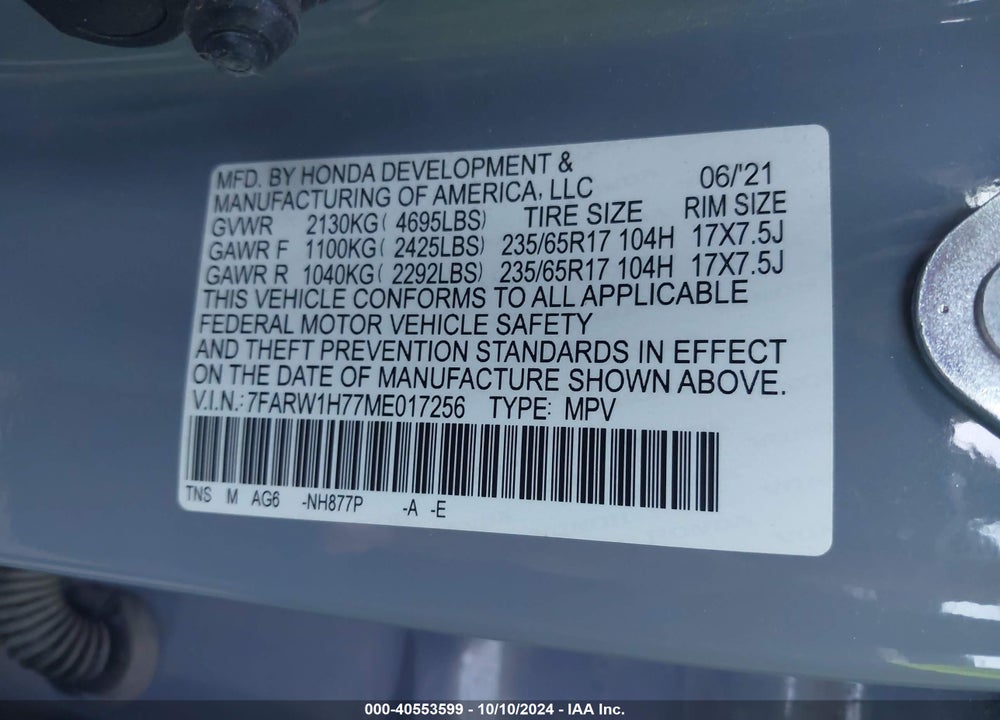 2021 HONDA CR-V 2WD SPECIAL EDITION VIN: 7FARW1H77ME017256