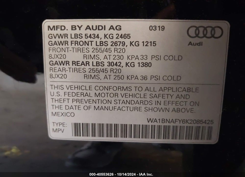 2019 AUDI Q5 45 PREMIUM VIN: WA1BNAFY6K2085425
