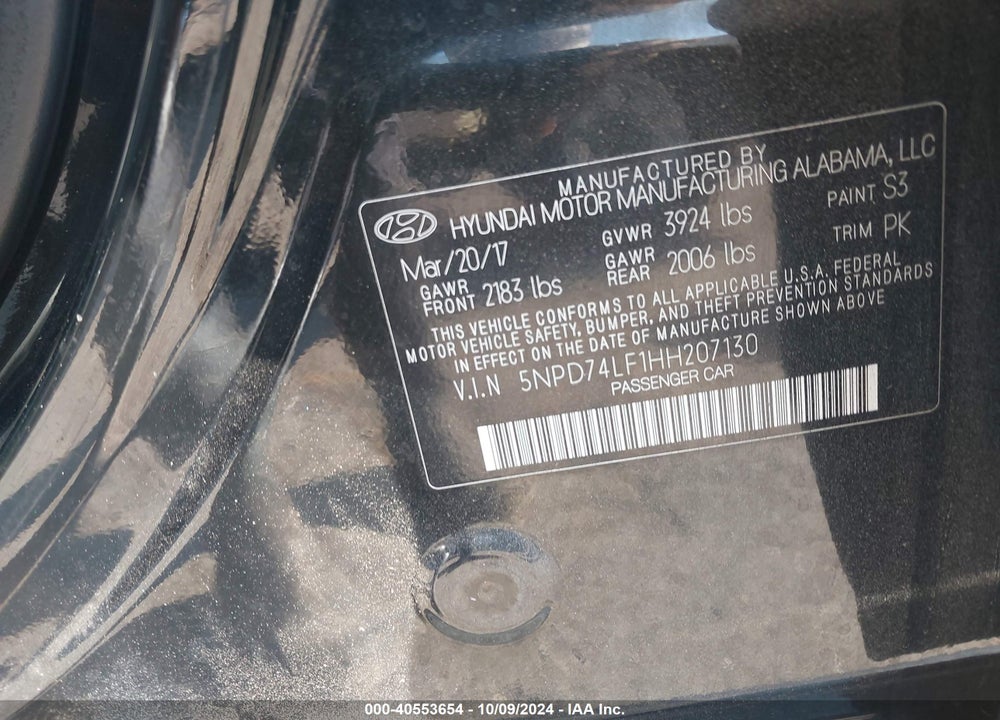 2017 HYUNDAI ELANTRA SE VIN: 5NPD74LF1HH207130