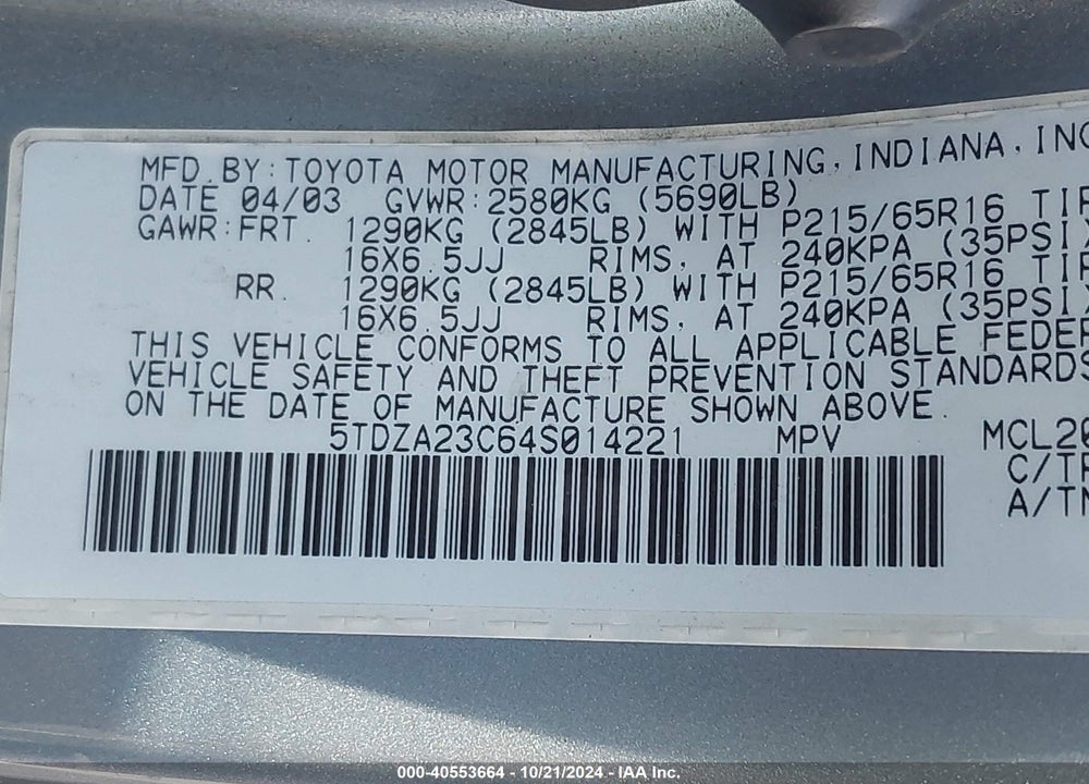 2004 TOYOTA SIENNA LE VIN: 5TDZA23C64S014221