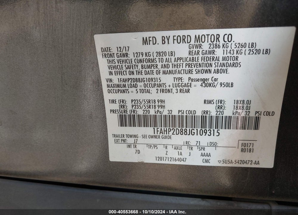 2018 FORD TAURUS SE VIN: 1FAHP2D88JG109315