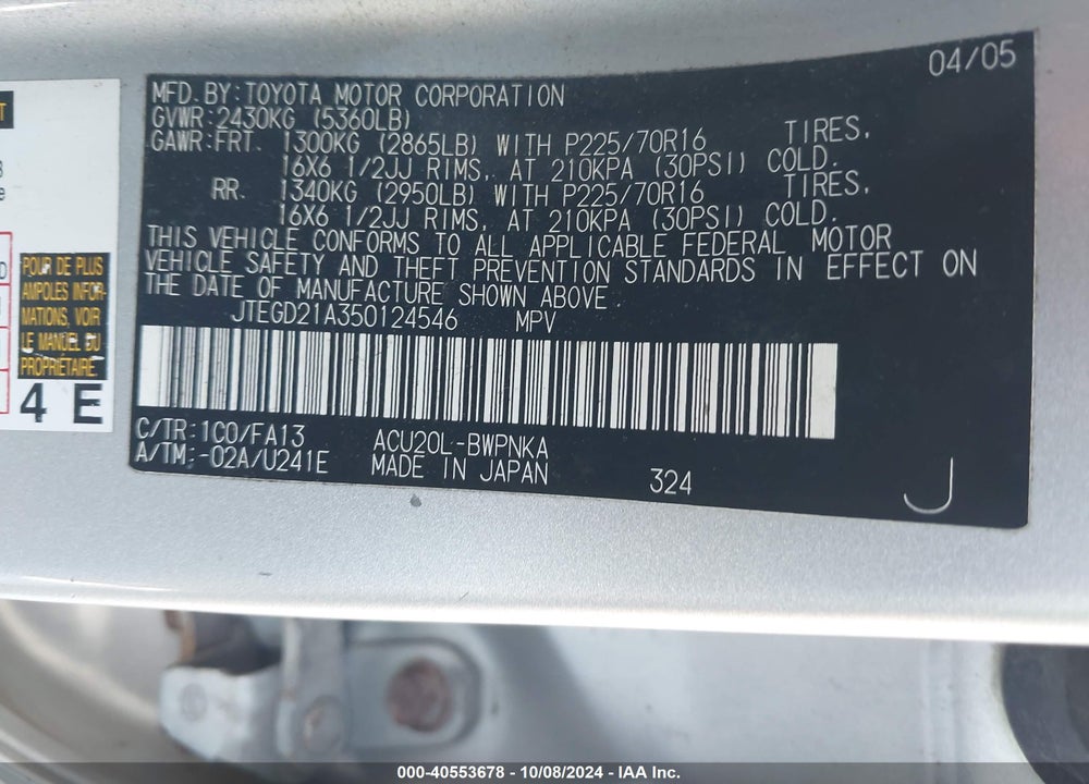 2005 TOYOTA HIGHLANDER VIN: JTEGD21A350124546