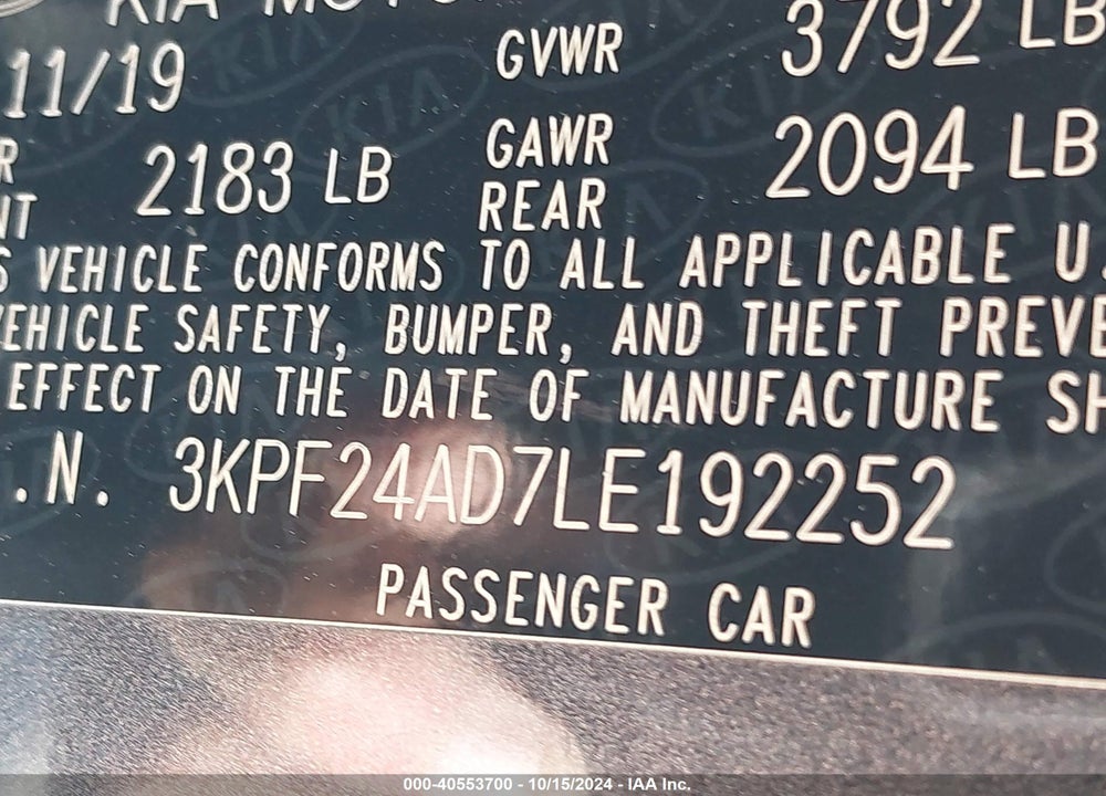 2020 KIA FORTE LXS VIN: 3KPF24AD7LE192252