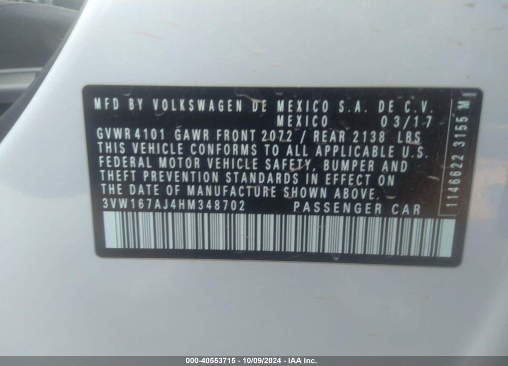 2017 VOLKSWAGEN JETTA 1.4T S VIN: 3VW167AJ4HM348702