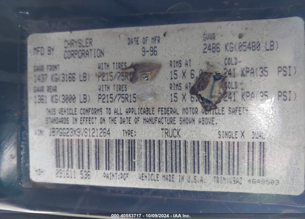 1997 DODGE DAKOTA SLT/SPORT VIN: 1B7GG23X9VS121264