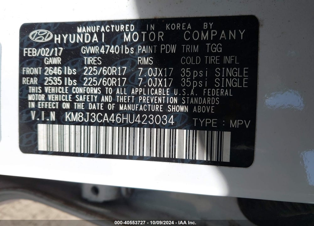 2017 HYUNDAI TUCSON SE VIN: KM8J3CA46HU423034