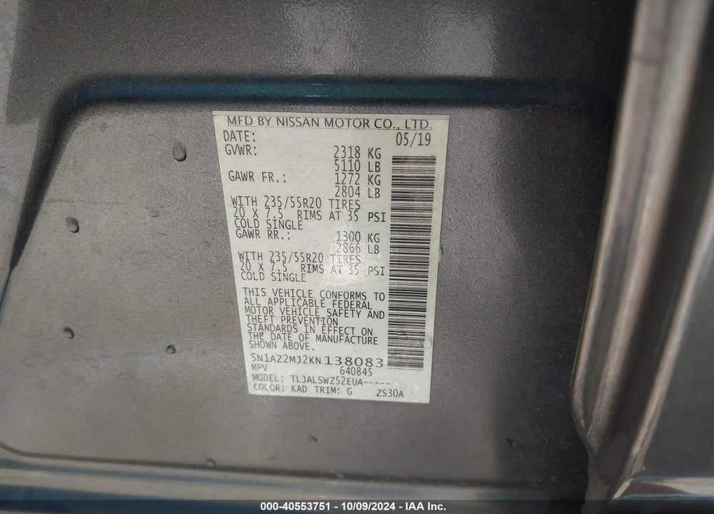 2019 NISSAN MURANO PLATINUM VIN: 5N1AZ2MJ2KN138083