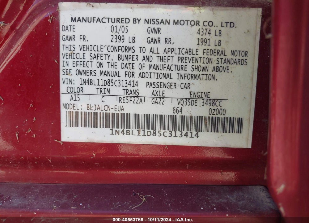 2005 NISSAN ALTIMA 3.5 SE VIN: 1N4BL11D85C313414