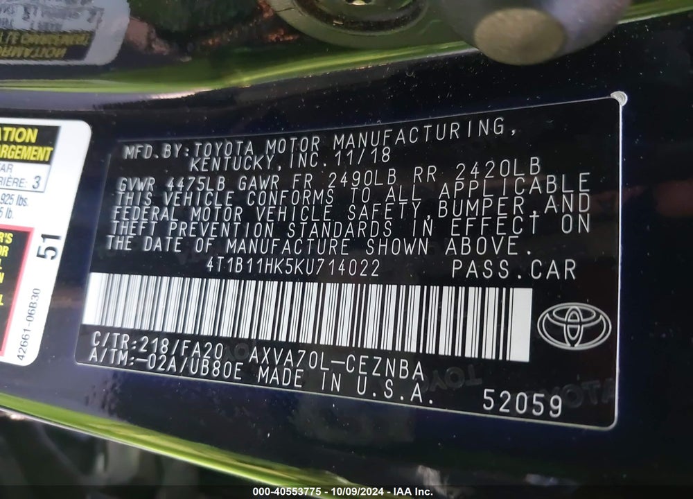 2019 TOYOTA CAMRY LE VIN: 4T1B11HK5KU714022