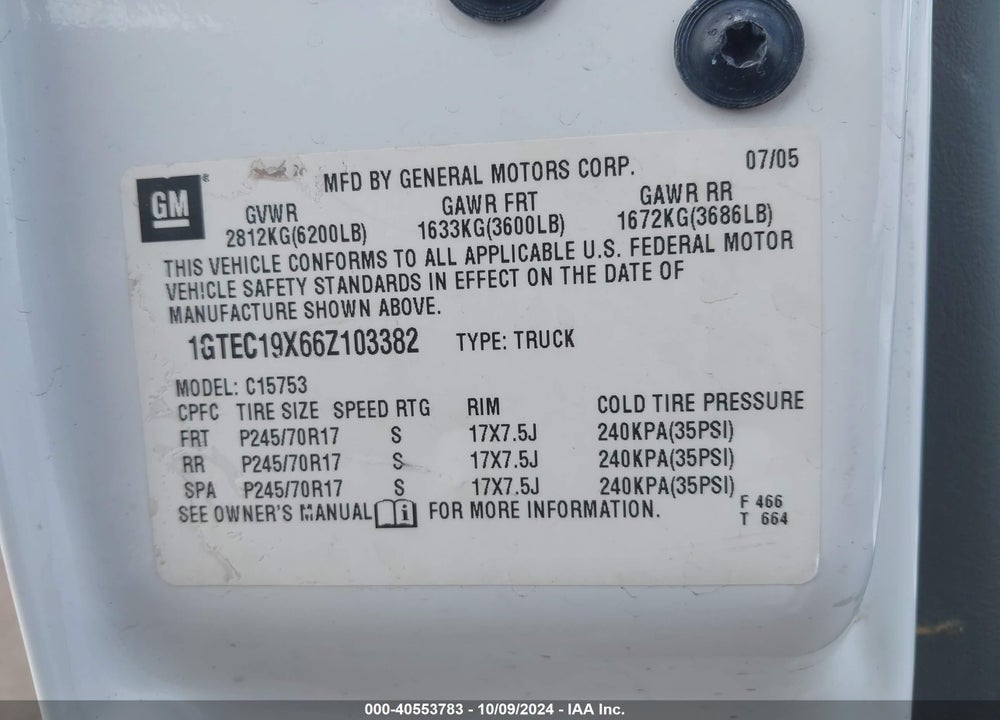 2006 GMC SIERRA 1500 WORK TRUCK VIN: 1GTEC19X66Z103382