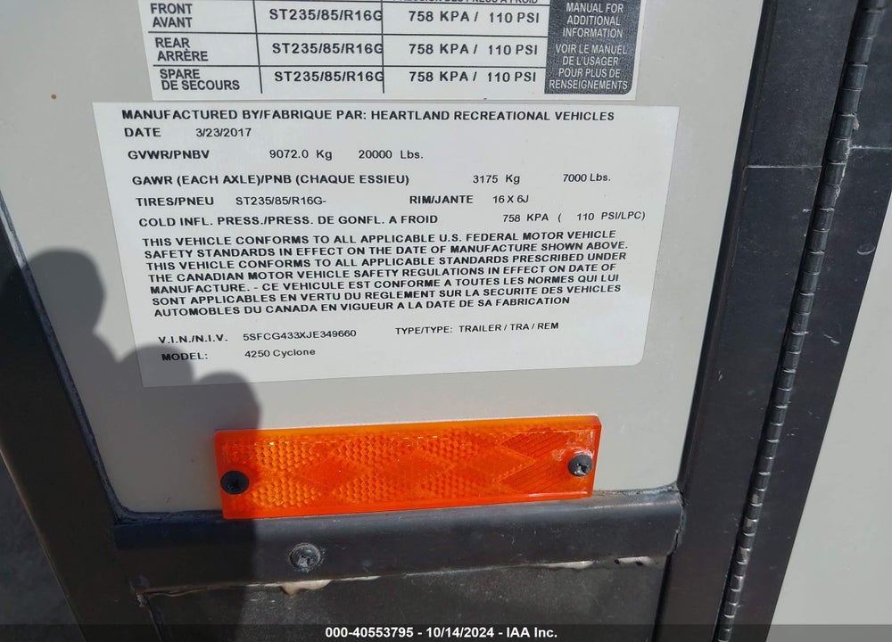 2018 HEARTLAND RV CYCLONE VIN: 5SFCG433XJE349660