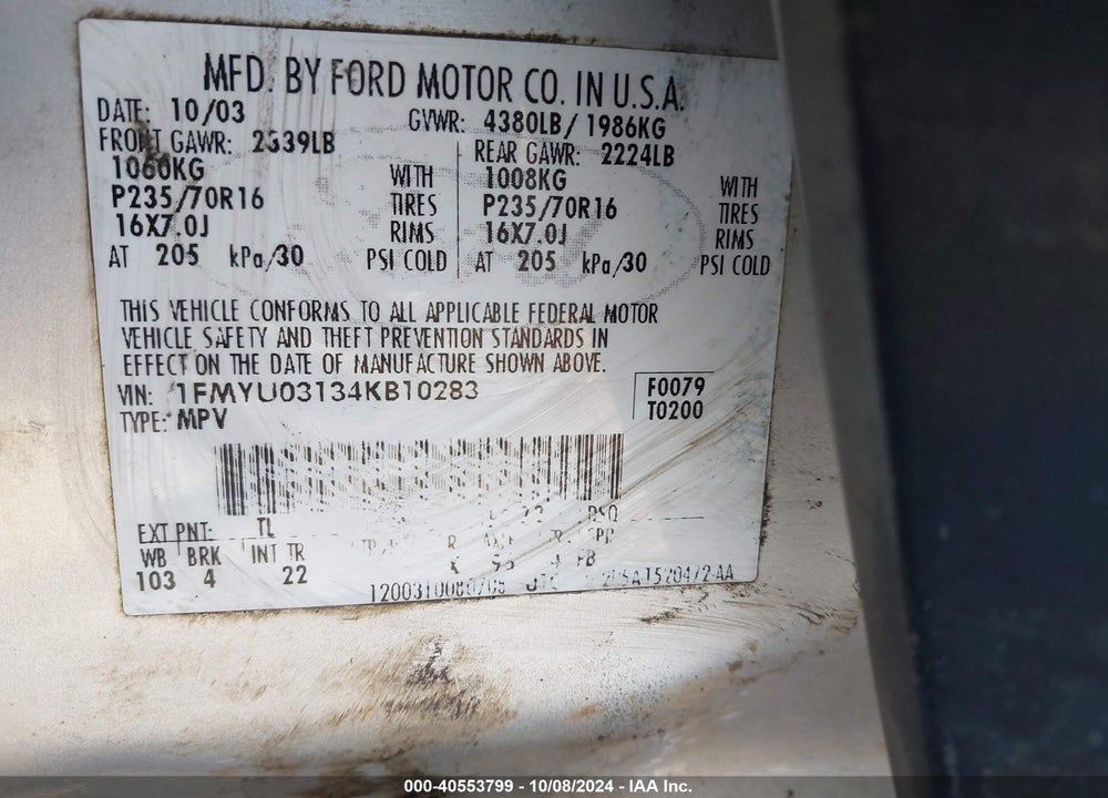 2004 FORD ESCAPE XLT VIN: 1FMYU03134KB10283