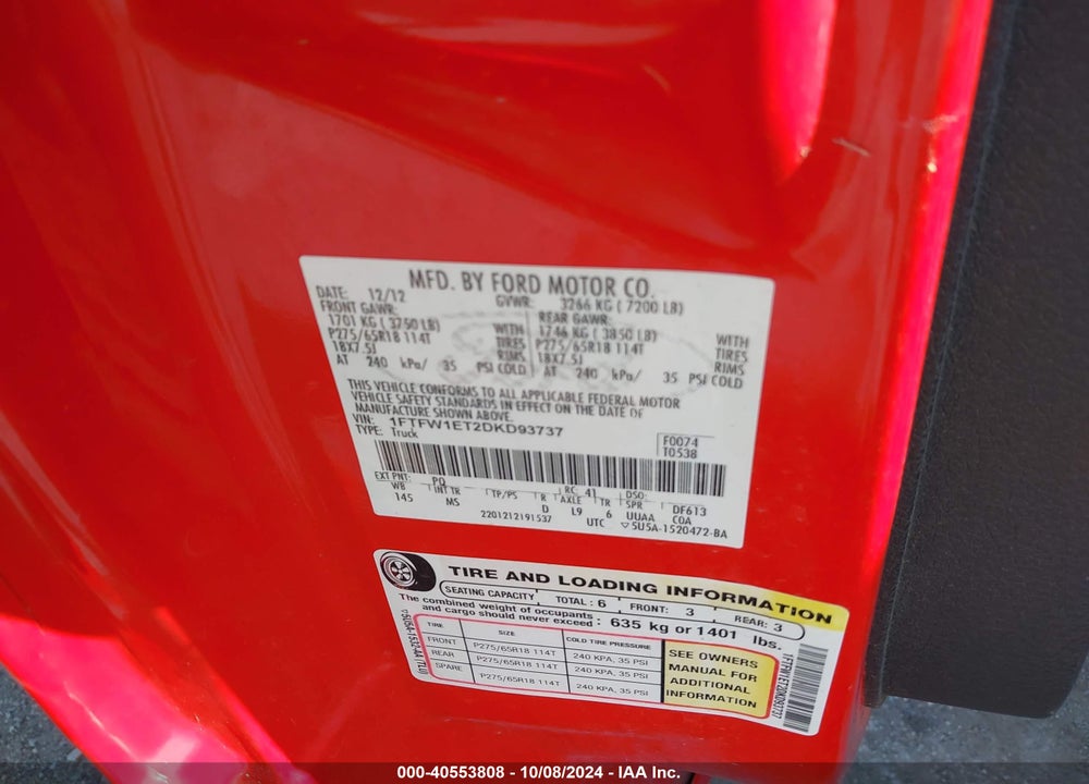 2013 FORD F-150 XLT VIN: 1FTFW1ET2DKD93737