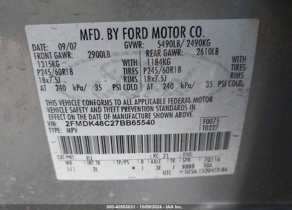 2007 FORD EDGE SEL VIN: 2FMDK48C27BB65540