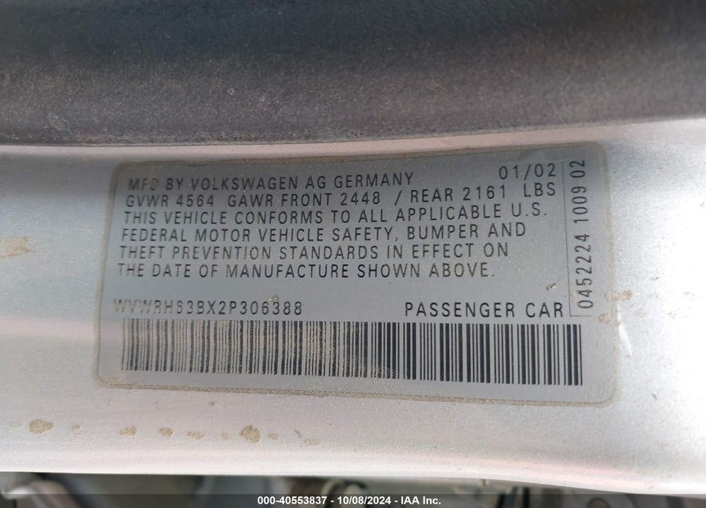 2002 VOLKSWAGEN PASSAT GLX VIN: WVWRH63BX2P306388