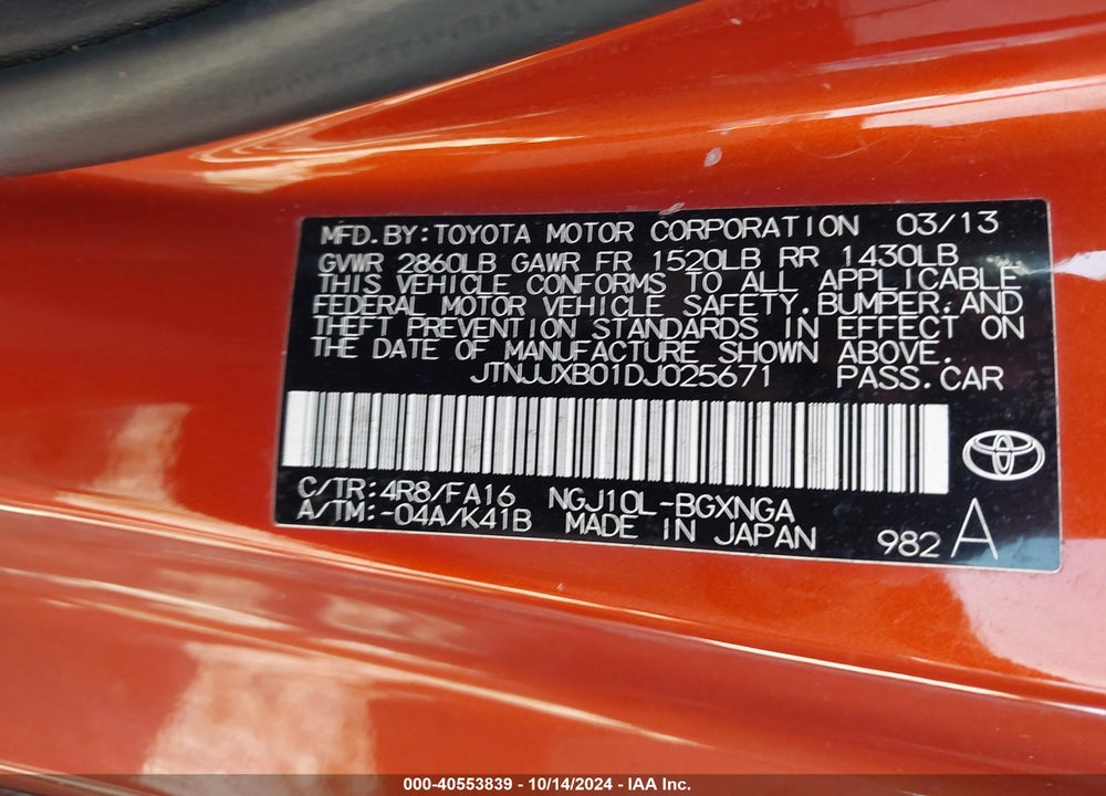 2013 SCION IQ VIN: JTNJJXB01DJ025671