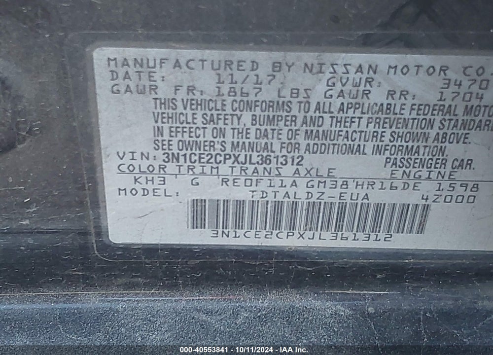 2018 NISSAN VERSA NOTE SV VIN: 3N1CE2CPXJL361312