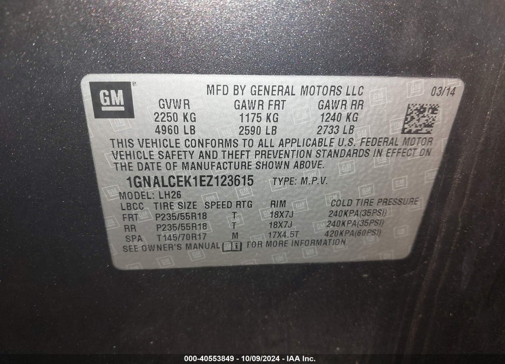 2014 CHEVROLET EQUINOX 2LT VIN: 1GNALCEK1EZ123615