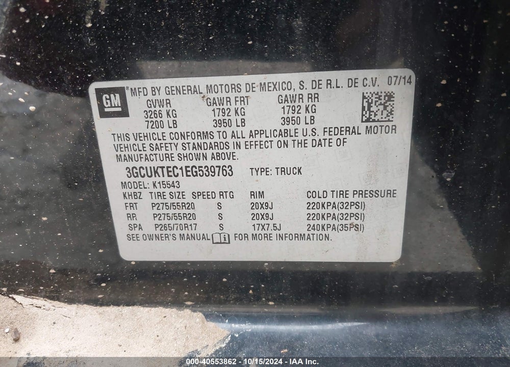 2014 CHEVROLET SILVERADO 1500 HIGH COUNTRY VIN: 3GCUKTEC1EG539763