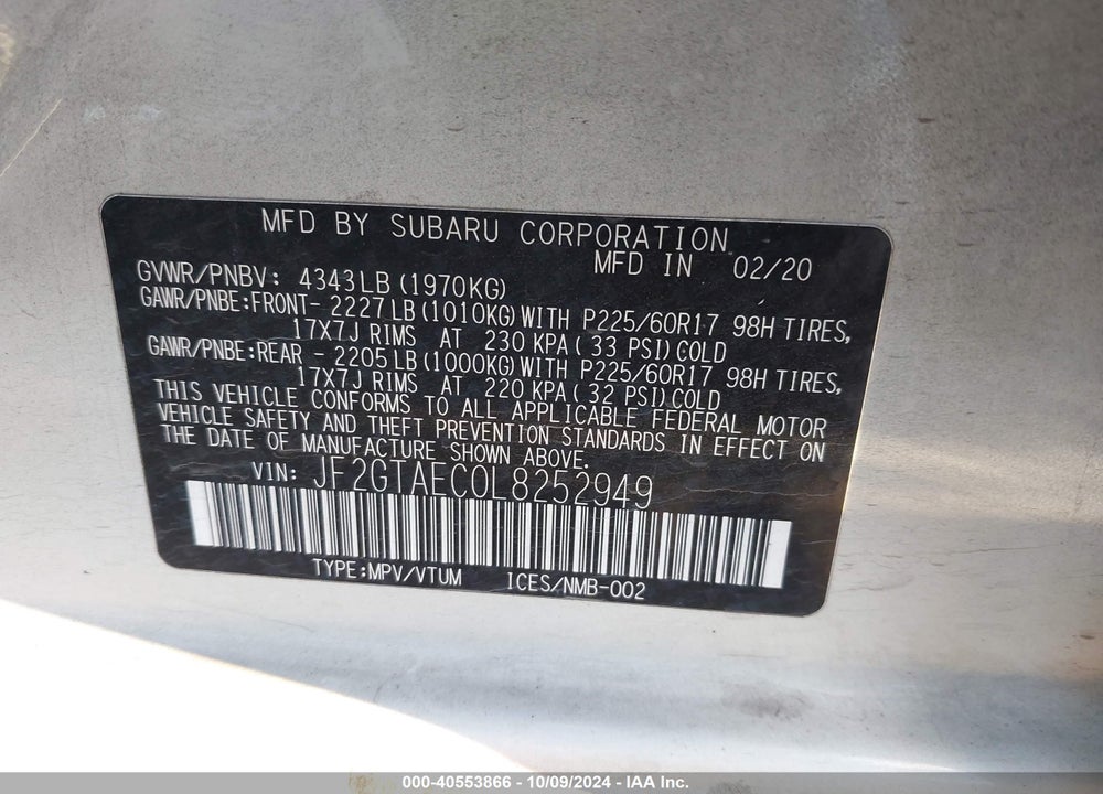2020 SUBARU CROSSTREK PREMIUM VIN: JF2GTAEC0L8252949