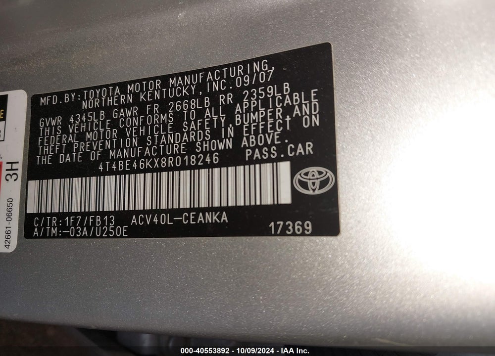 2008 TOYOTA CAMRY LE VIN: 4T4BE46KX8R018246