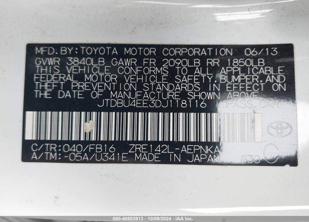 2013 TOYOTA COROLLA LE VIN: JTDBU4EE3DJ118116