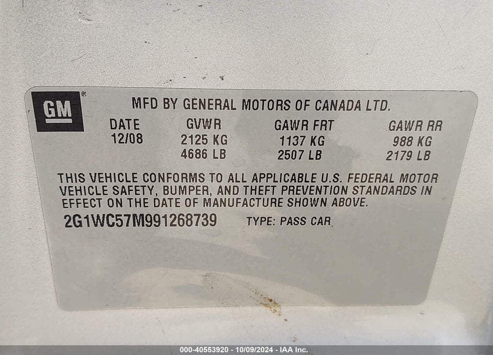 2009 CHEVROLET IMPALA LT VIN: 2G1WC57M991268739
