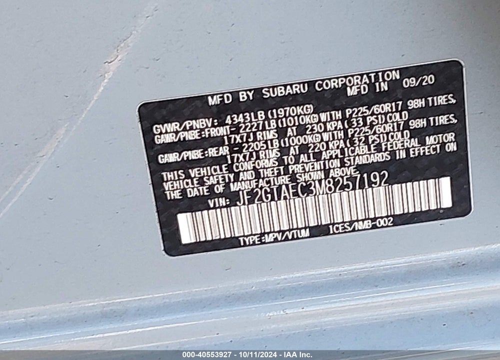 2021 SUBARU CROSSTREK PREMIUM VIN: JF2GTAEC3M8257192