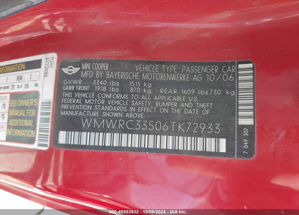 2006 MINI COOPER VIN: WMWRC33506TK72933