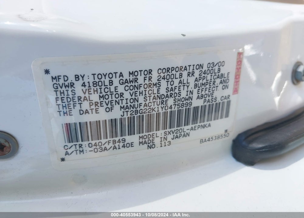 2000 TOYOTA CAMRY LE VIN: JT2BG22K1Y0475899