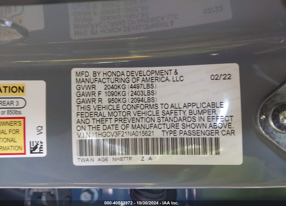 2022 HONDA ACCORD HYBRID SPORT VIN: 1HGCV3F21NA015621