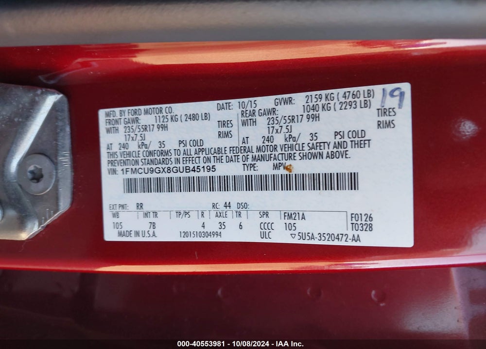 2016 FORD ESCAPE SE VIN: 1FMCU9GX8GUB45195