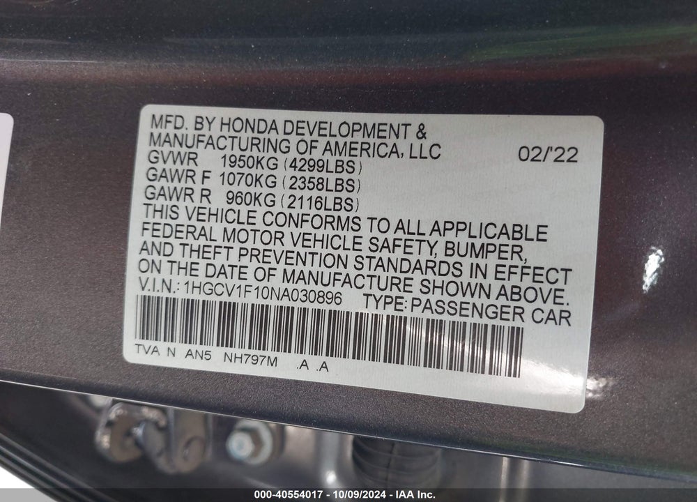 2022 HONDA ACCORD VIN: 1HGCV1F10NA030896