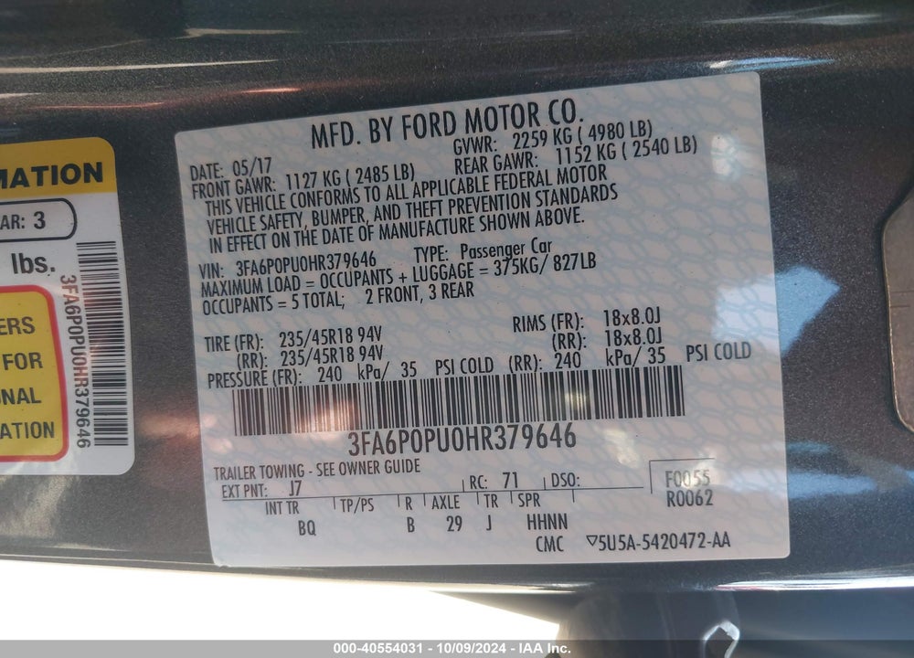 2017 FORD FUSION ENERGI SE LUXURY VIN: 3FA6P0PU0HR379646