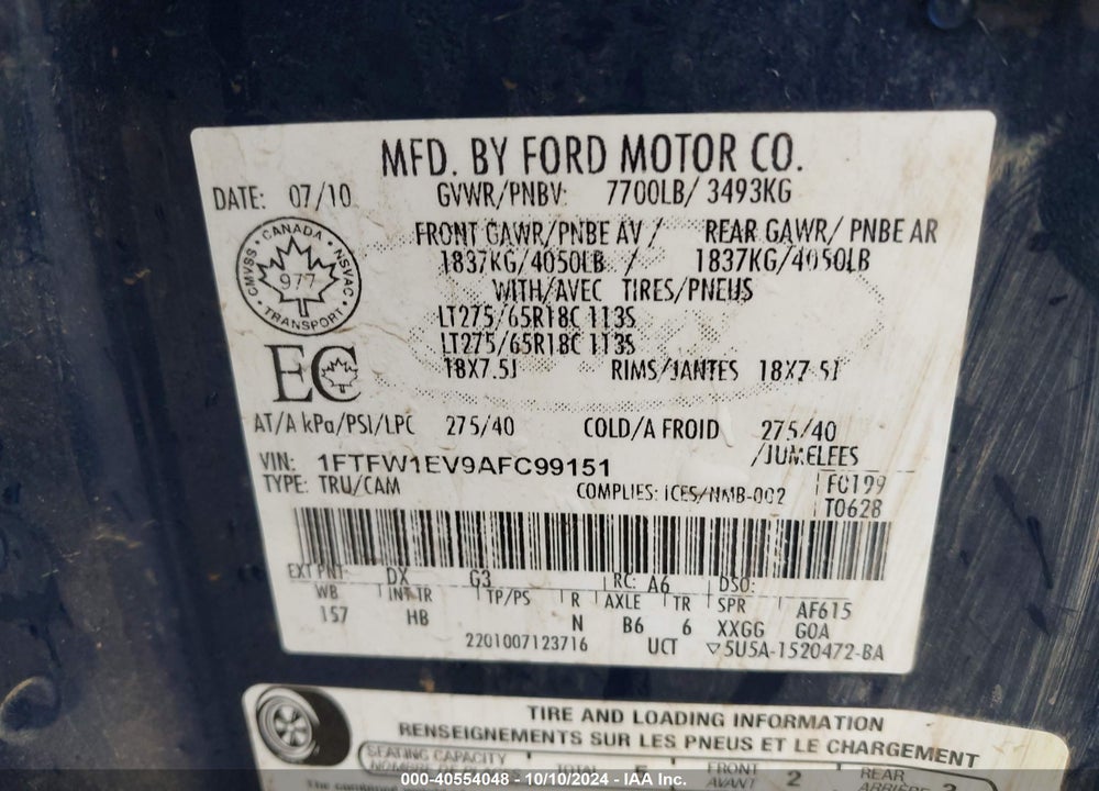 2010 HARLEY-DAVIDSON FORD F-150 FX4//KING RANCH/LARIAT/PLATINUM/XL/XLT VIN: 1FTFW1EV9AFC99151