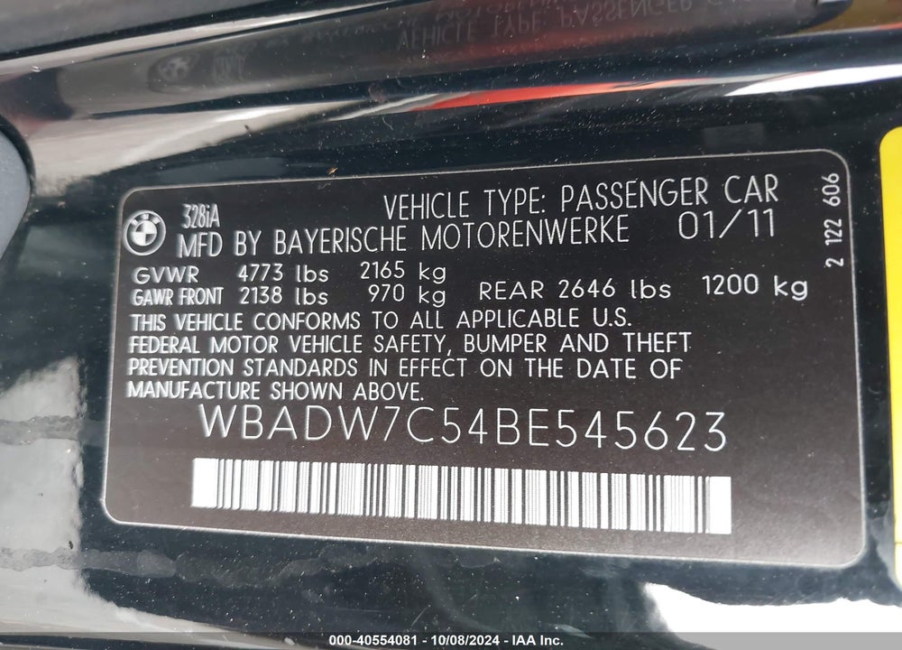 2011 BMW 328I VIN: WBADW7C54BE545623