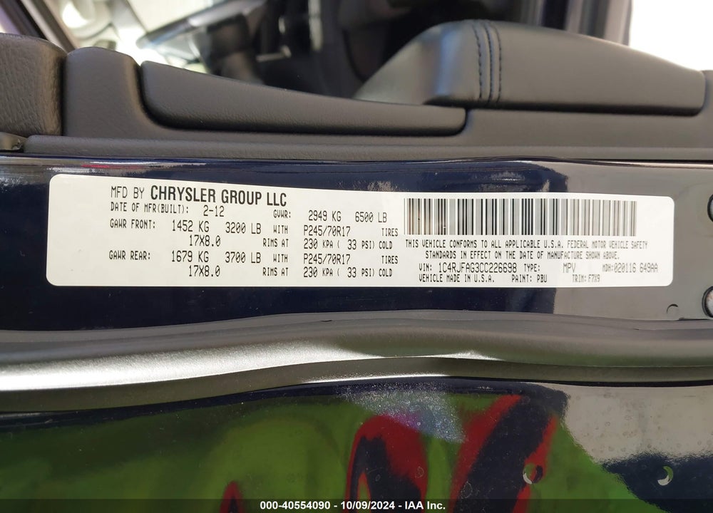 2012 JEEP GRAND CHEROKEE LAREDO VIN: 1C4RJFAG3CC226698