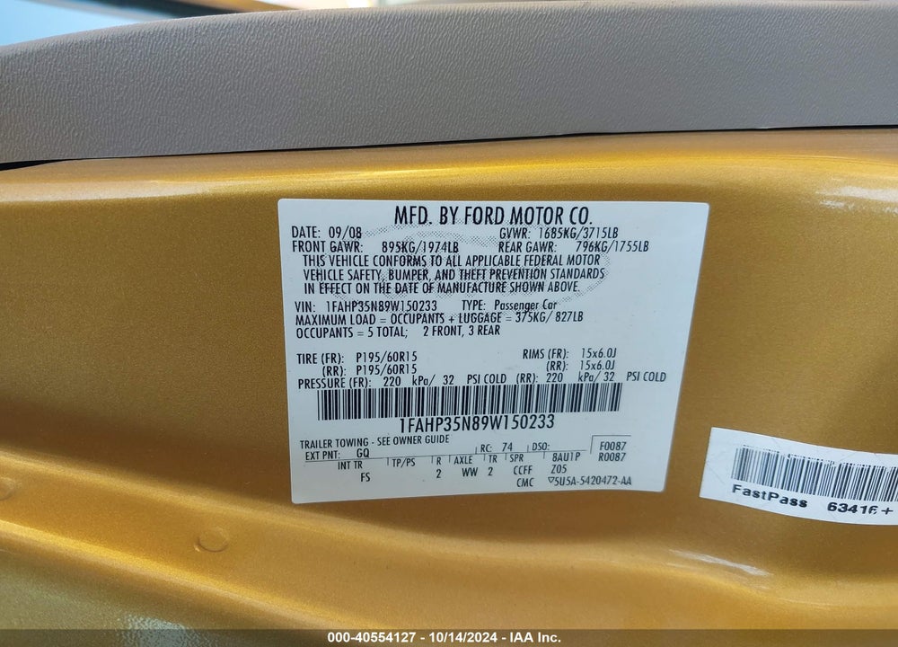 2009 FORD FOCUS SE VIN: 1FAHP35N89W150233