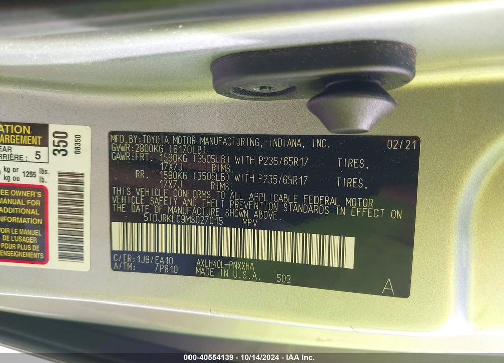 2021 TOYOTA SIENNA XLE VIN: 5TDJRKEC9MS027015