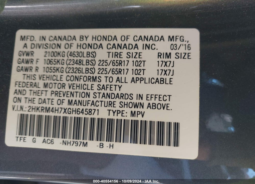 2016 HONDA CR-V EX-L VIN: 2HKRM4H7XGH645871